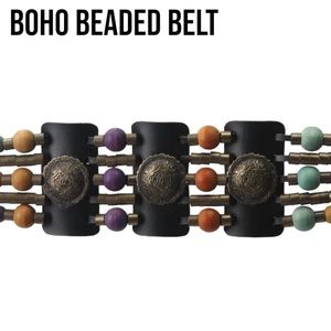 BOHEMIAN BEADED BELT Black BRASS MEDALLIONS Sz 30 HIPPIE FESTIVAL Chic INDIE